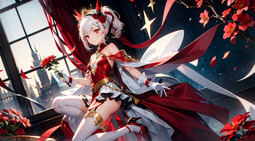 a girl, with a high pony tail and white hair with small red streaks in her hair with the bangs moved to the side, pretty red eyes with long lashes, wearing a flowy mostly white thigh length dress that shows her shoulders with red flowers, small tiny gold jewels on her dress, with as flowy white cape on the side of her dress, with a small fascinator with a gold and red flower, wearing cone heel shoes that are with with a red flower on the left heel, wearing a white see through thigh high on the right leg, blood red thigh belt with red jewels, see through white gloves, has a tattoo of a small star on her right shoulder.