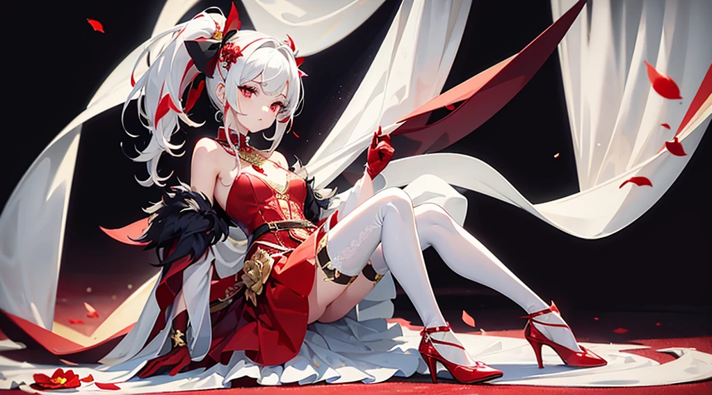 a girl, with a high pony tail and white hair with small red streaks in her hair with the bangs moved to the side, pretty red eyes with long lashes, wearing a flowy mostly white thigh length dress that shows her shoulders with red flowers, small tiny gold jewels on her dress, with as flowy white cape on the side of her dress, with a small fascinator with a gold and red flower, wearing cone heel shoes that are with with a red flower on the left heel, wearing a white see through thigh high on the right leg, blood red thigh belt with red jewels, see through white gloves, has a tattoo of a small star on her right shoulder.