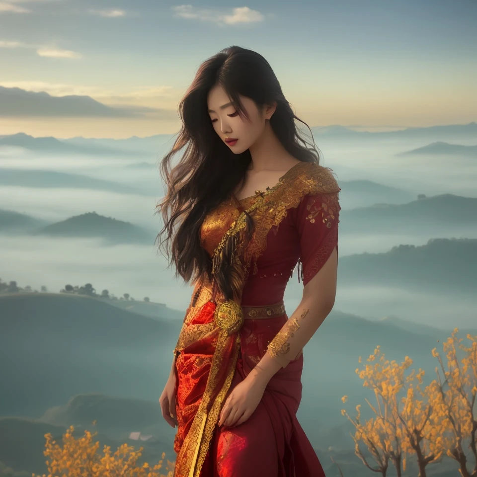 Araffe woman in brown dress standing on hill with mountain view, Ethereal beauty, Amazing ethereal figure, nivanh chanthara, beautiful oriental woman, beautiful and beautiful, traditional beauty, Eastern Fantasy, asian women, Beautiful Photoshot, Goddess Shooting Movie, fantasy photoshoot, Very beautiful and ethereal, asian women, fantasy photoshoot