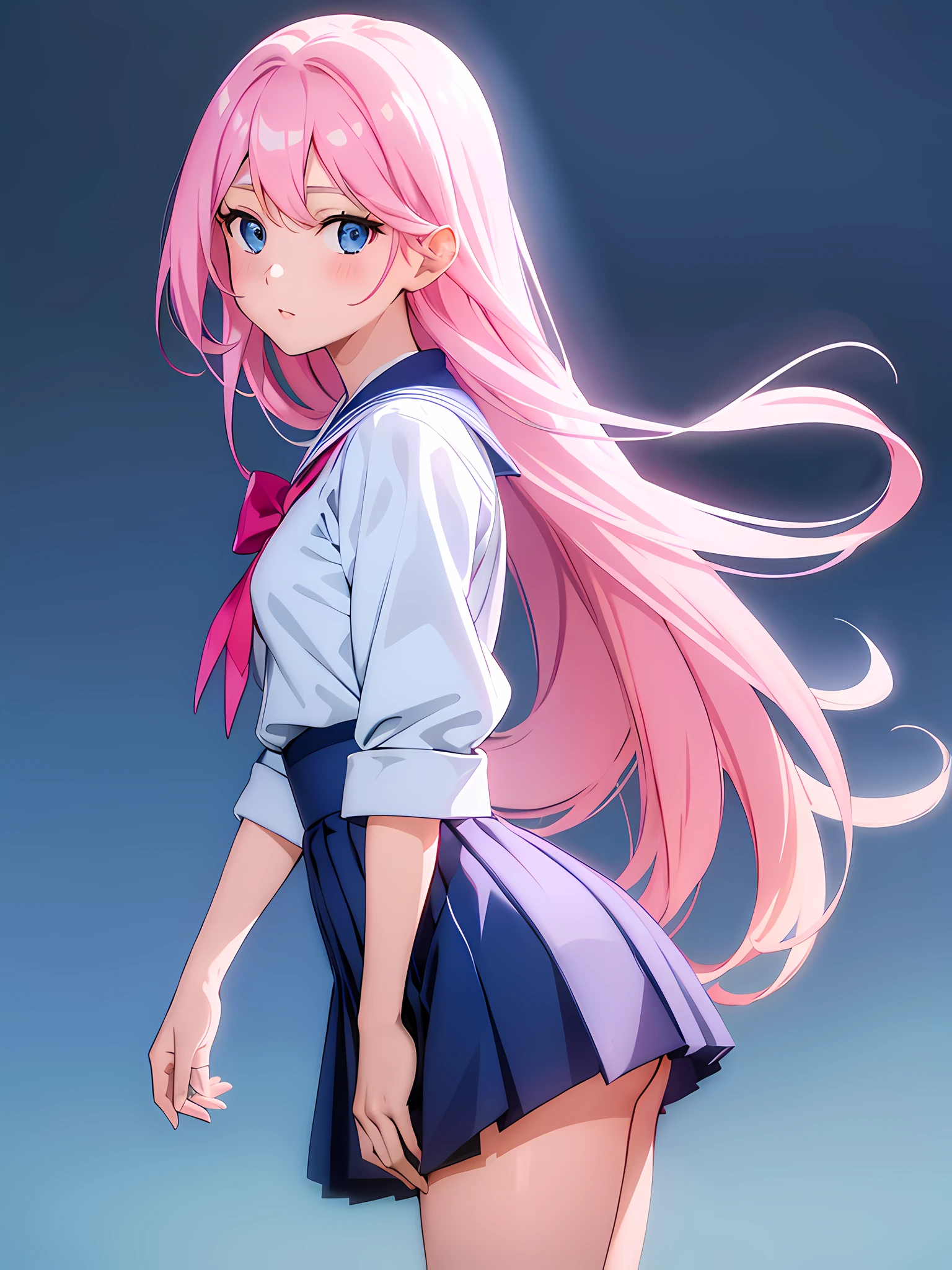 1girl, long taffy pink hair, cerulean blue eyes, wearing a white Japanese high school uniform, navy blue Japanese high school skirt, Japanase school, absurdres, high res, ultrasharp, 8K, masterpiece, looking at viewer