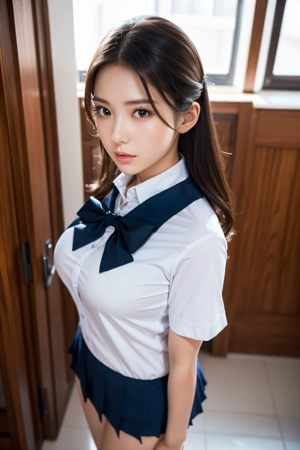 quality, Photorealistic, 8K, hight resolution, fulcolor, 1girl in, Woman, Large breasts, High School Girl, School uniform, White shirt, Black miniskirt, exposing the skin, bow ribbon, looking at a camera with one's eyes fixed on the camera, ((long eyelashes)), Beautiful Girl,A little hair on my forehead、Composition seen from above