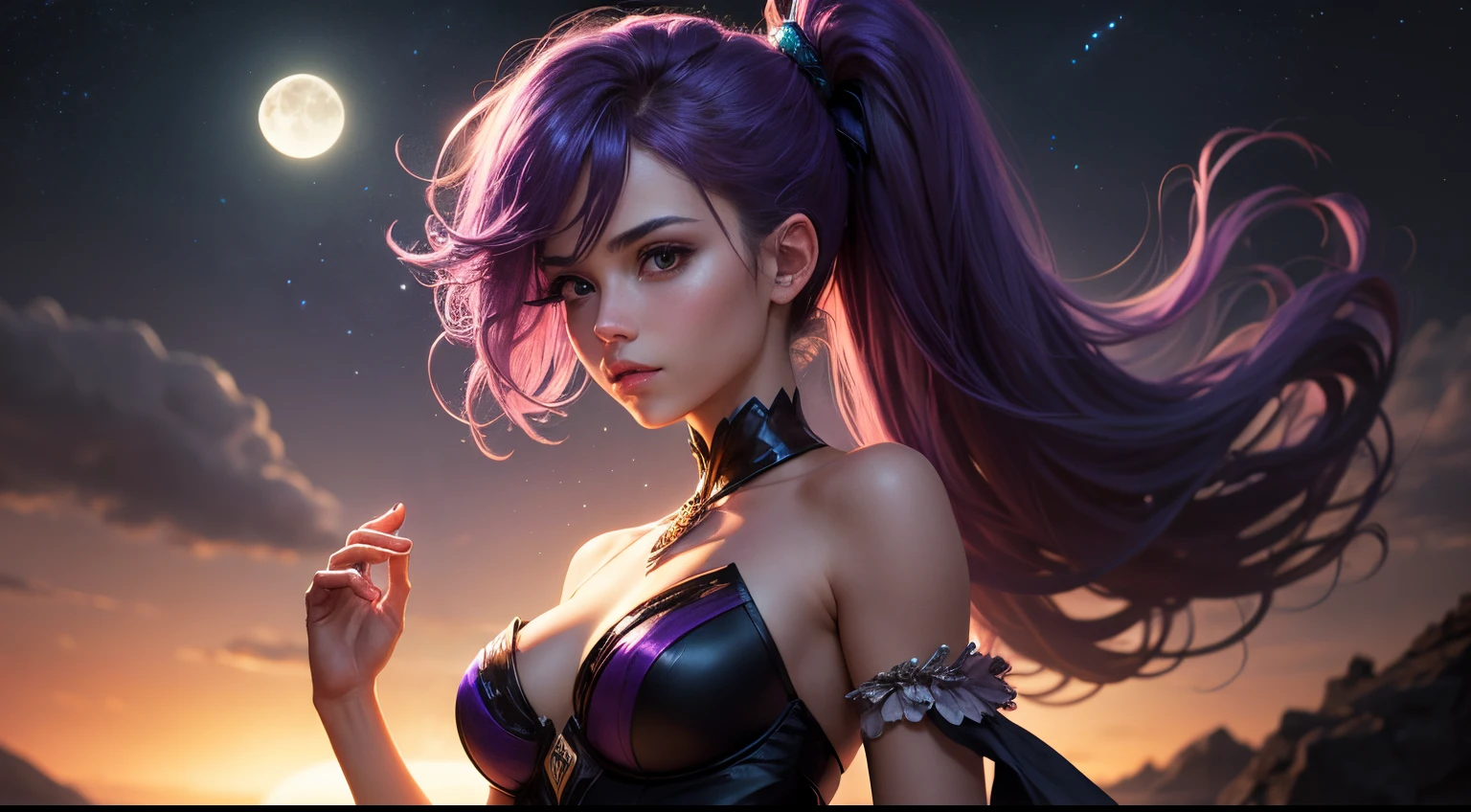 (best quality, realistic, professional), ponytail, lush purple hair flowing in the breeze, glowing under the enchanting night sky. The girl's cleavage is visible, adding a touch of allure to her cute and innocent appearance. The moon casts a soft, silvery light on her face, emphasizing her delicate features. The night sky is adorned with vibrant shades of purple, creating an ethereal atmosphere. The nebula in the distance adds a mysterious and fantastical element to the scene, with its bioluminescent colors illuminating the surroundings. looks at you