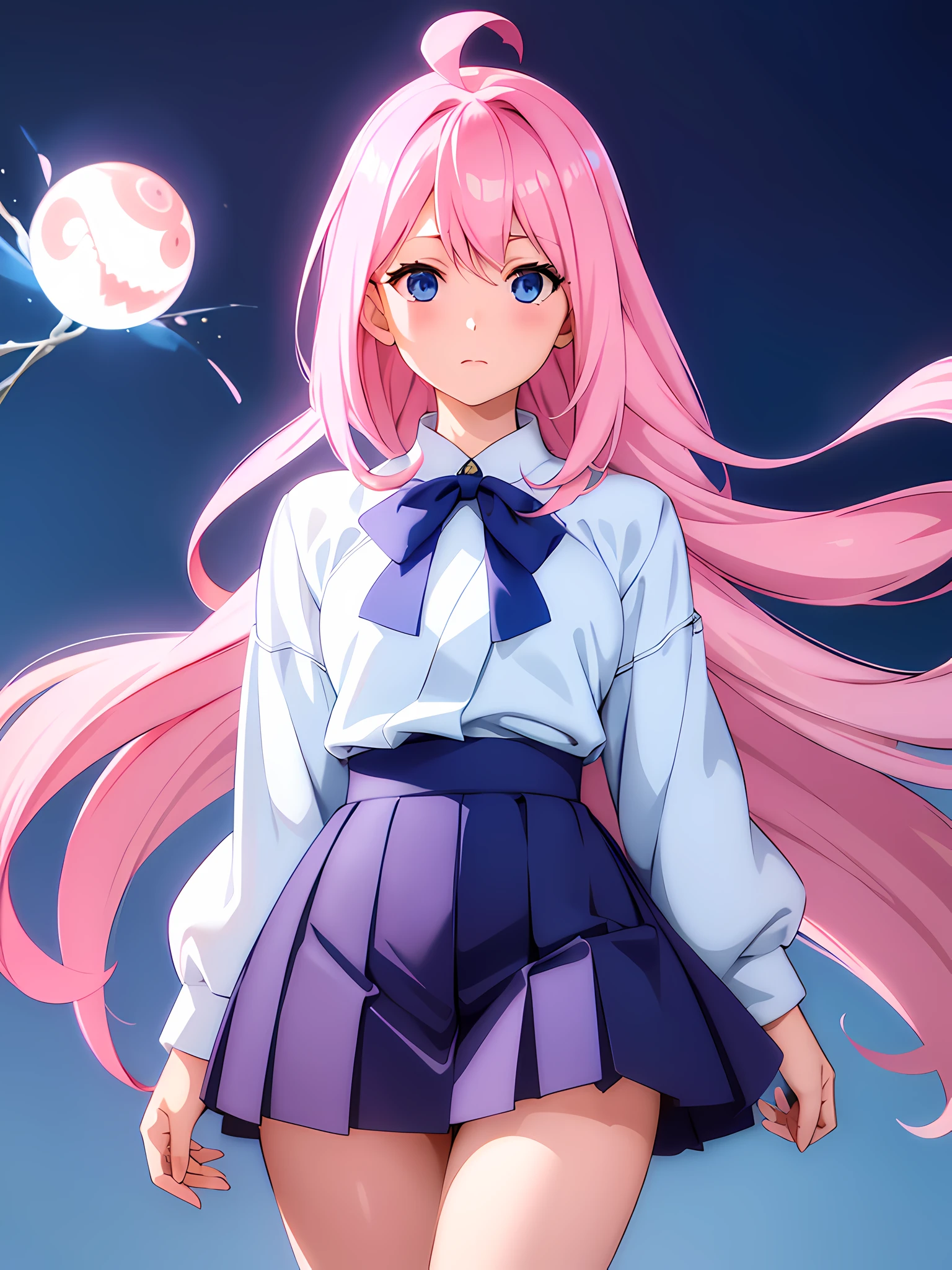 1girl, long taffy pink hair, cerulean blue eyes, wearing a white Japanese high school uniform, navy blue Japanese high school skirt, Japanase school, absurdres, high res, ultrasharp, 8K, masterpiece, looking at viewer