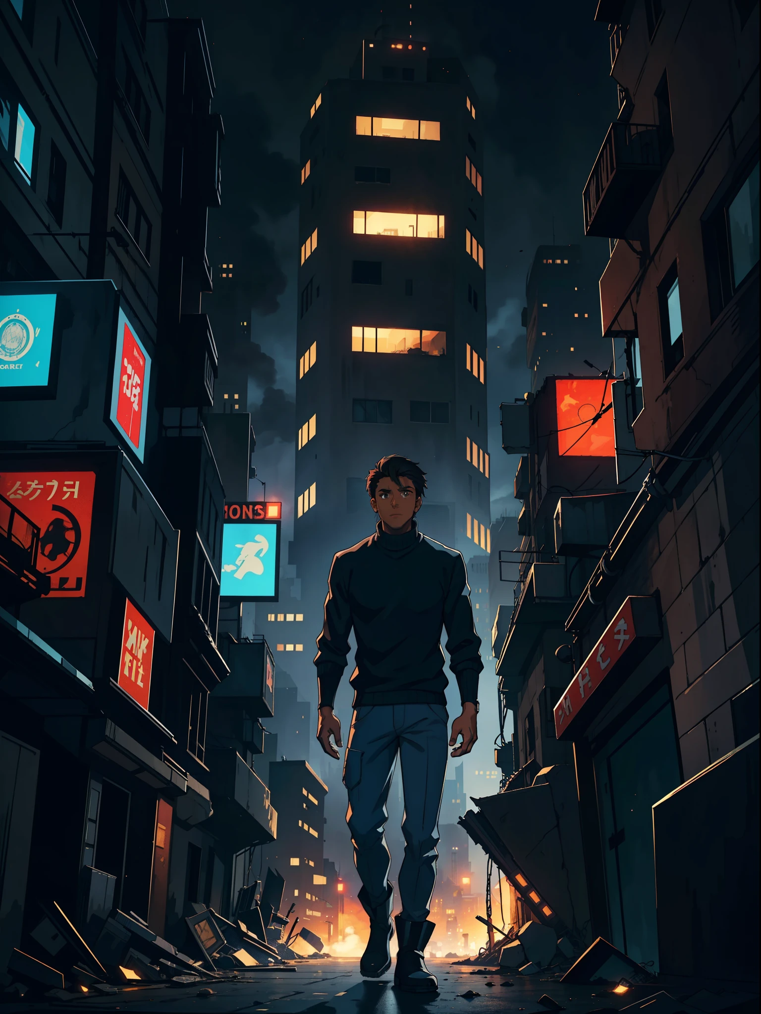 A guy, dark brown skin, dark black hair, crest style cut, sky blue sweater, gray pants, black boots, dark brown eyes, apocalyptic background, destroyed city, nightlife, anime, 2d, cartoon, high quality, detailed, 4k