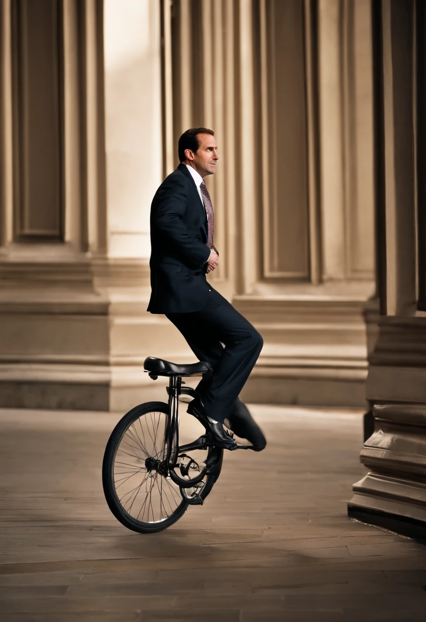 A photo of Michael attempting to learn to ride a unicycle,The Office TV show,Michael Scott, the fictional character from “The Office,” is a middle-aged man with a receding hairline and a penchant for ill-fitted suits, which adds to his somewhat awkward and unpolished appearance. He often carries a goofy, sometimes childlike expression, complementing his attempts to be liked and seen as humorous by his employees.