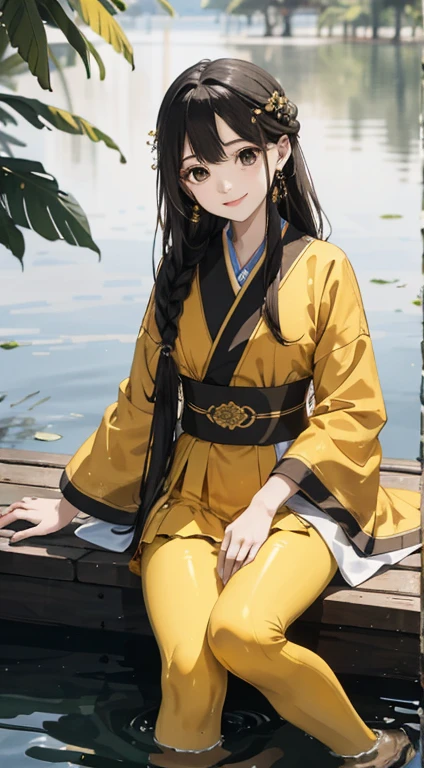 Hoang Lap，8K High Resolution，Ultra - detallado，（1girll：1.3），pintado a mano，simple lines，16 year old girl dressed in golden yellow Chinese clothing and black pantyhose，Chica beuaty，En el estanque de lotos，tmasterpiece，Sit on a plank floating in the water，cabello flotante，mirando hacia el espectador，smil，posed for photo，