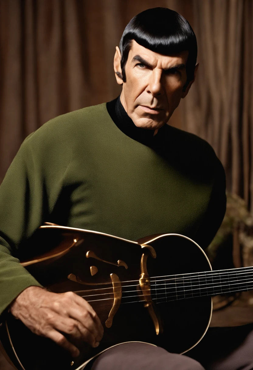 A photo of Spock playing a Vulcan lyre, deeply focused on the melody he is creating.,Star Trek,Spock, the iconic character from “Star Trek,” is distinguished by his unique Vulcan appearance: sharp, angular features, with notably pointed ears and slanted eyebrows, often complemented by his calm, composed expression. His hair is typically cut in a precise, straight style, adding to his orderly and logical demeanor.