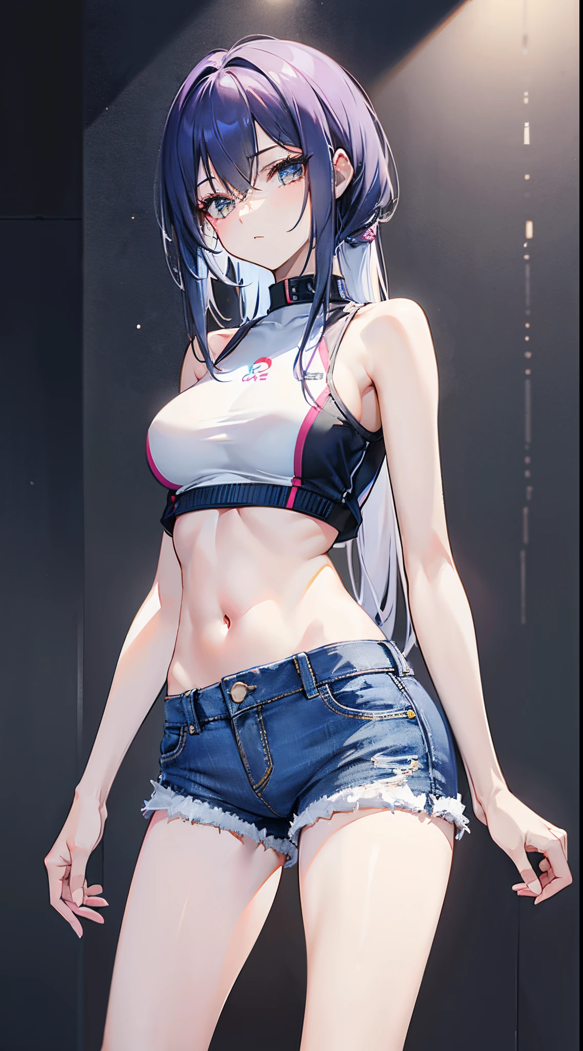 Modern sexy beautiful girl,Extra-short denim shorts, Women's crotch can be opened and buttoned, Low-rise hot pants, Sexy hip-baring skinny hot pants,Crop top tight sports vest,Lordosis and posterior curvature of the spine, Slender and fair legs,Full-body image,Sporty style,Tall, skinny girl,long whitr hair