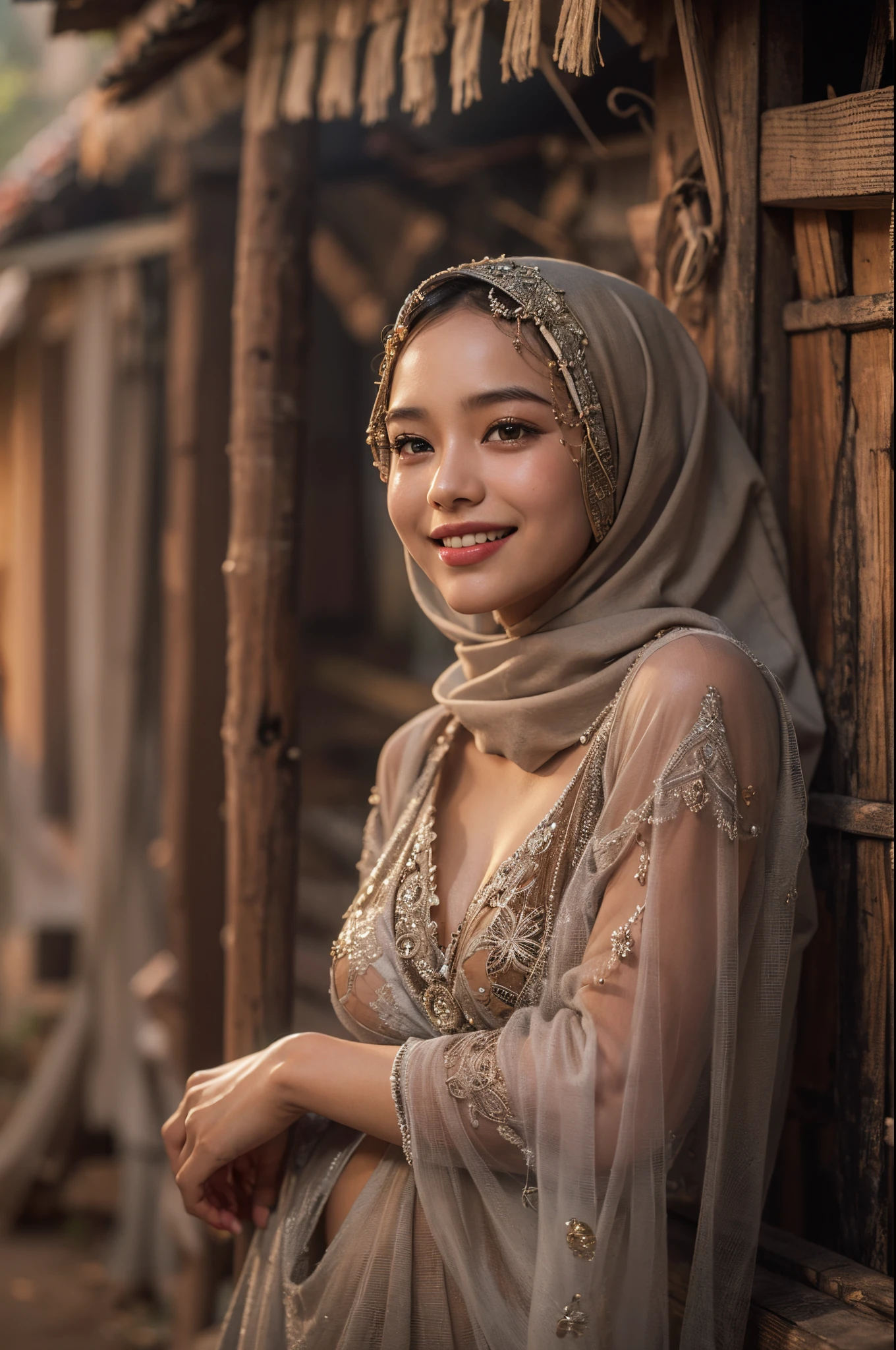 full body shot of sexy smiling hijabi (abbie_cornish:0.6) indonesian daughter wearing a see-through saree in a rustic village,open shirt,face incredibly detailed, lips, realistic, solo,medium breasts,skin tight, puffy , facial, masterpiece,best quality, Intricate, High Detail, dramatic,