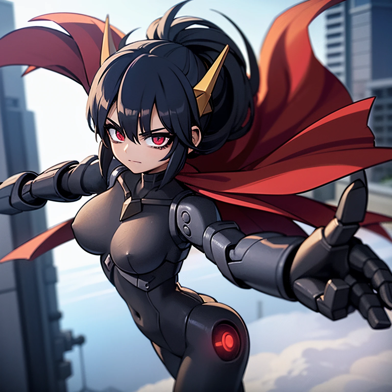 Anime girl with red cape and black outfit in city - SeaArt AI