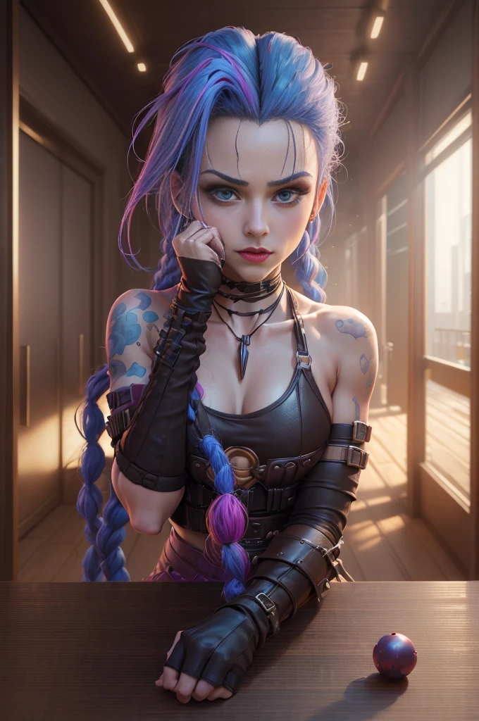 Obra-prima, HD, detalhes detalhados, mulher bonita corpo definido detalhado usando roleplay do Homem-Aranha, seios grandes, sorriso, a delicate facial features, rosto perfeito, pele clara, cabelo curto, crouched on the roof of a tall building. ((Melhor qualidade)), ((obra-prima)), (altamente detalhado:1.3), 3D, estilo arcano,In the dark and brave dystopian town of Piltover, plagued by violence and divided into two opposing factions, emerges a young prodigy named Jinx. Having endured unimaginable losses and abandonments, She embraced a life of chaos and destruction. Conhecida por suas habilidades inventivas e explosivas, Jinx becomes an icon of rebellion against the oppressive forces that control the city. No entanto, haunted by guilt and battling inner demons, She must confront her past and decide whether to continue on the path of anarchy or seek redemption in the midst of turmoil. Explore Jinx's journey as she navigates a treacherous world, Fighting for survival, unraveling secrets and discovering the true meaning of his twisted existence, o caos reina supremo, and at the heart of it all is Jinx, The embodiment of unpredictability. Mergulhe fundo na mente distorcida de Jinx, exploring the origins of his madness and the driving force behind his destructive nature. Unravel the moments that shaped her into the crazed, iconic character we know. Take us on a wild journey through the vibrant streets of Piltover and the shadowy suburb of Zaun as Jinx wreaks havoc with his explosive arsenal. Redemption may find its way into Jinx's fractured soul? Or she'll dance forever on the edge of sanity, embracing the chaos that fuels his very existence? Arcane's fate hangs in the balance as Jinx's path intertwines with unlikely allies and formidable enemies. Ignite your imagination and paint a vivid portrait of Jinx's twisted psyche, capturing the essence of his madness and the indomáv spirit