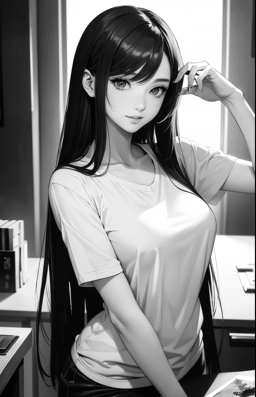 Monochrome grayscale, masterpiece、top-quality、hight resolution、High-quality images、8K, 1 woman、skin gloss、Texture of skin and clothing、Detailed eye expression、Lustrous hair、pencil painting、Drawing of a girl with long hair, Manga inspired by Lee Jong-suk, trending on deviantart, Realism, detailed manga style, manga art style, perfect lineart, beautiful line art, ((black and white manga style, in style of manga, Pencil drawing)), comic drawing style, beautiful drawing style, high quality sketch art, High quality sketching, digital manga art girl, kpop idol, t-shirt, detailed brown eyes, plump lips, detailed gorgeous face, (cute smile), view from viewer, medium breasts, flirtatious look, seductive, innocence, ((very detailed)), (perfectly detailed face), (well detailed hand) photorealistic image, japanese hime cut hairstyle, cowboy shot