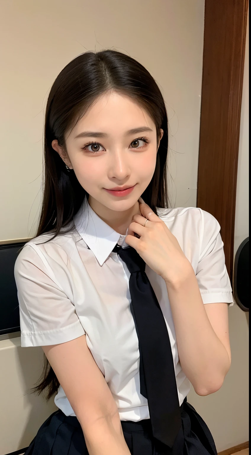 (masutepiece, Best Quality:1.2), 8K, 15yo student, 85 mm, Official art, Raw photo, absurderes, White dress shirts, Pretty Face, close up, Upper body, violaceaess, gardeniass, Beautiful Girl, School uniform, (Navy pleated skirt:1.1), Cinch West, thighs thighs thighs thighs, Short sleeve, on train, Sit on a bench seat, Looking at Viewer, No makeup, (Smile:0.4), Film grain, chromatic abberation, Sharp Focus, face lights, clear lighting, Teen, Detailed face, Bokeh background, (dark red necktie:1.1)