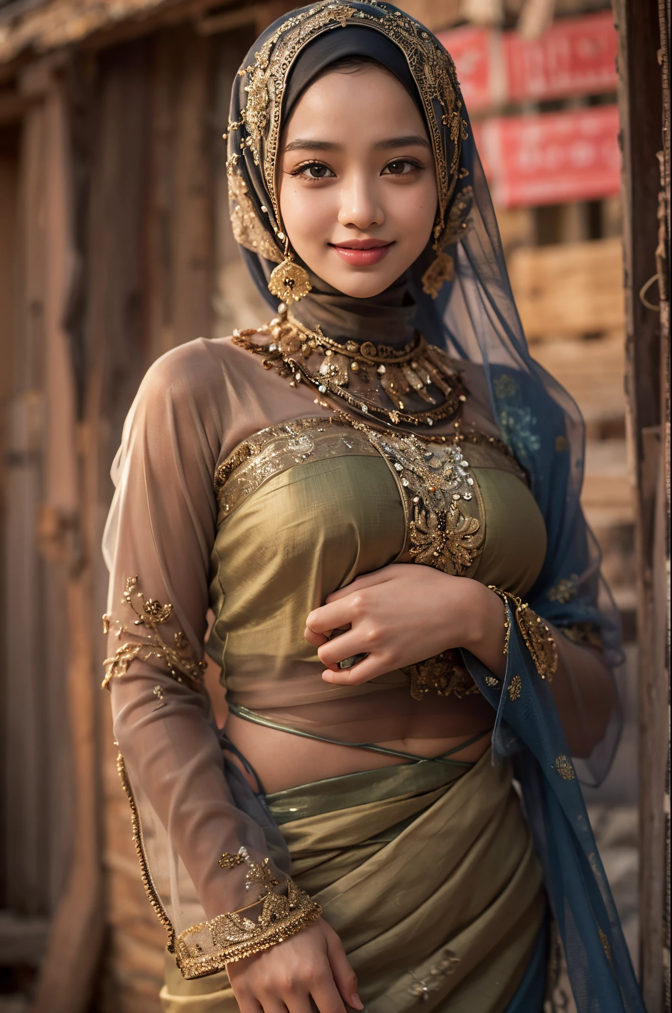 full body shot of sexy smiling hijabi (abbie_cornish:0.6) indonesian daughter wearing a see-through saree in a rustic village,open shirt,face incredibly detailed, lips, realistic, solo,medium breasts,skin tight, puffy , facial, masterpiece,best quality, Intricate, High Detail, dramatic,