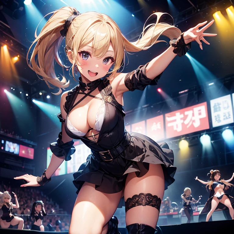 1girl, (member of cool female girls team), super beautiful, cool, adult, medium large breast, dancing , ( rock the floor on the stage), (dynamic pose), (dynamic angle), perfect body, full of delight, smiling full of confidence, blushed, half opened mouth,(extra long hair in high pony, beautiful blonde hair), (wearing stage costume, putting on knee high boots ), ( the costume is dark fabric, full length bottoms, a lot of flashy decoration), (full body shot), (focus on slim curve), In the stage show , dazzling Spotlight
