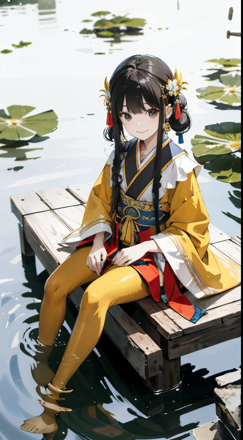 Hoang Lap,8K High Resolution,Ultra - detallado,(1girll:1.3),pintado a mano,simple lines,16 year old girl dressed in golden yellow Chinese clothing and black pantyhose,Chica beuaty,En el estanque de lotos,tmasterpiece,Sit on a plank floating in the water,cabello flotante,mirando hacia el espectador,smil,posed for photo,