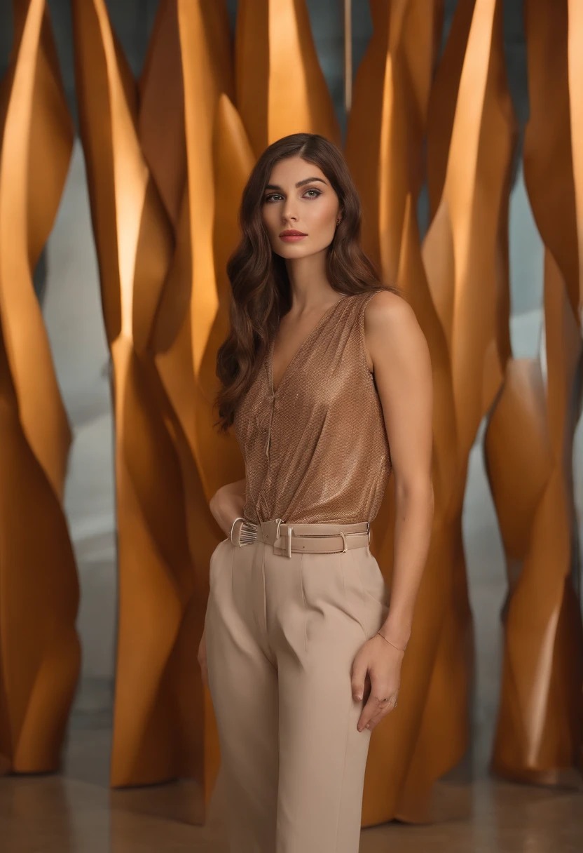 Amelie poses in front of a stunning art installation at a modern art museum, she's wearing a fashionable and avant-garde outfit,original,Amelie is a beautiful fashion model. She has long brown hair and is 5’9 inches tall.