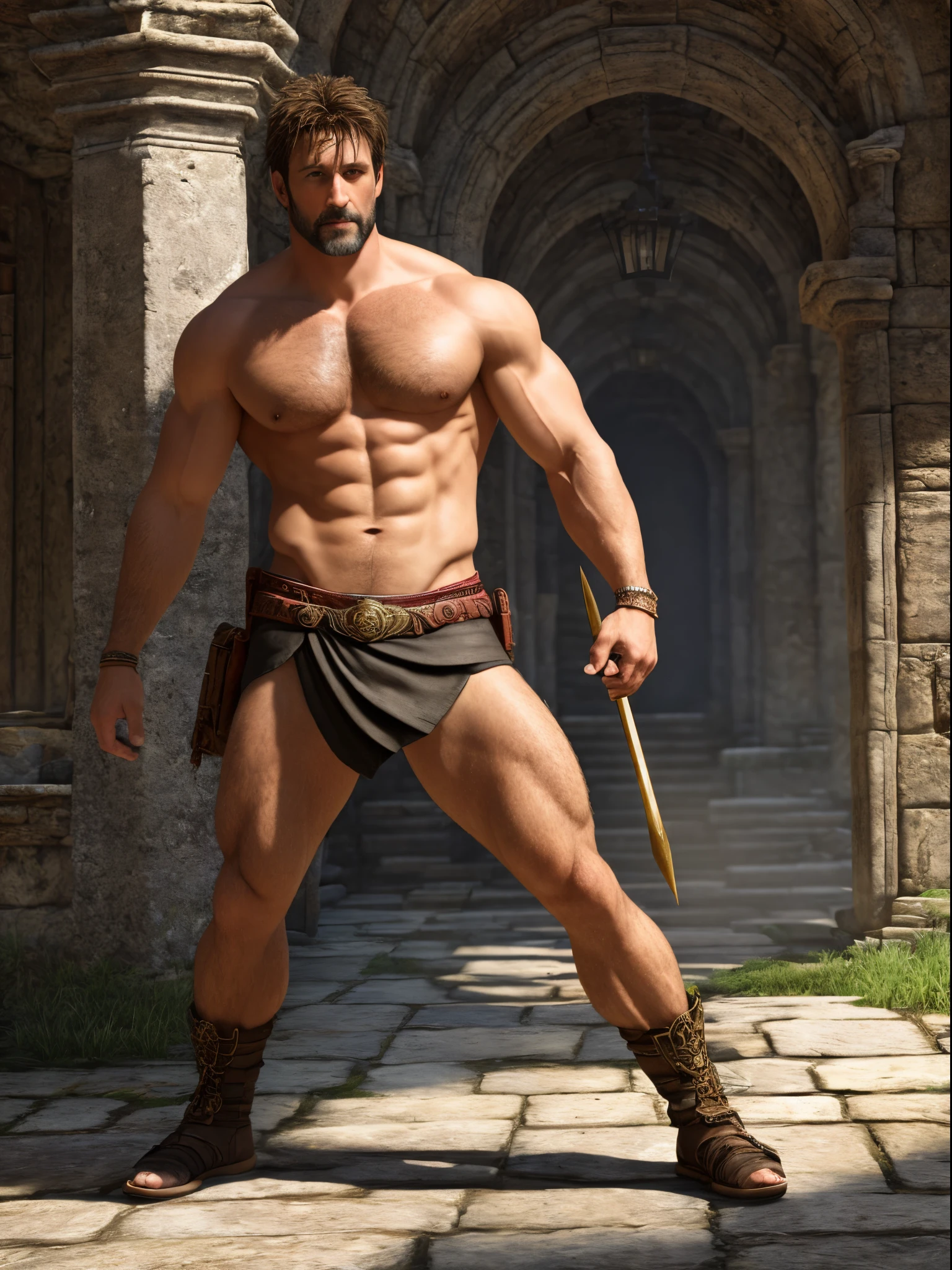 (Masterpiece) A very detailed, intricate, epic fantasy, colorful, full body, slight angle, man, 40 years old, hunk, hulking, brawny, ankle wraps, very hairy chest, very masculine, handsome and attractive man, dynamic action poses, skimpy revealing outfit, receding hairline, smirk, mercenary, blades, big ancient city gates, pointing away, depth of field, particle effects, high quality shadows