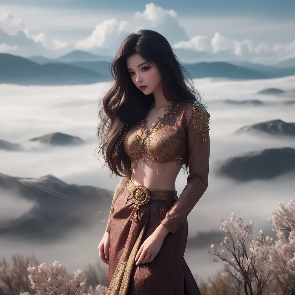 Araffe woman in brown dress standing on hill with mountain view, Ethereal beauty, Amazing ethereal figure, nivanh chanthara, beautiful oriental woman, beautiful and beautiful, traditional beauty, Eastern Fantasy, Beautiful Photoshot, asian women, Goddess Shooting Movie, fantasy photoshoot, Very beautiful and ethereal, asian women, fantasy photoshoot