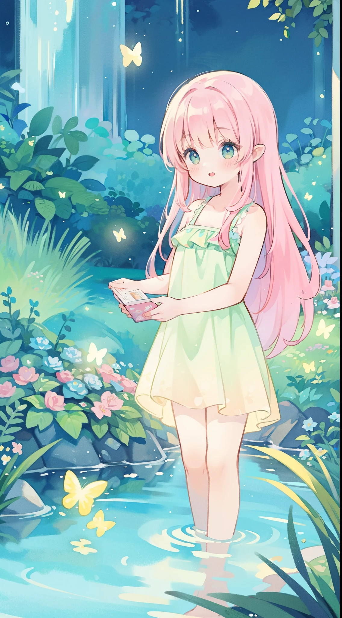 picture book illustration, watercolor storybook illustration, vibrant pastel colors, dreamy, colorful, whimsical, magical, masterpiece, best quality, sharp focus, intricately detailed environment, fine detail, 8k resolution, waterfall lagoon, water nymph girl, (magical lagoon), (waterfall, lake), (beautiful girl swimming in water), glowing lights, fireflies, glowing butterflies, glowing pixies