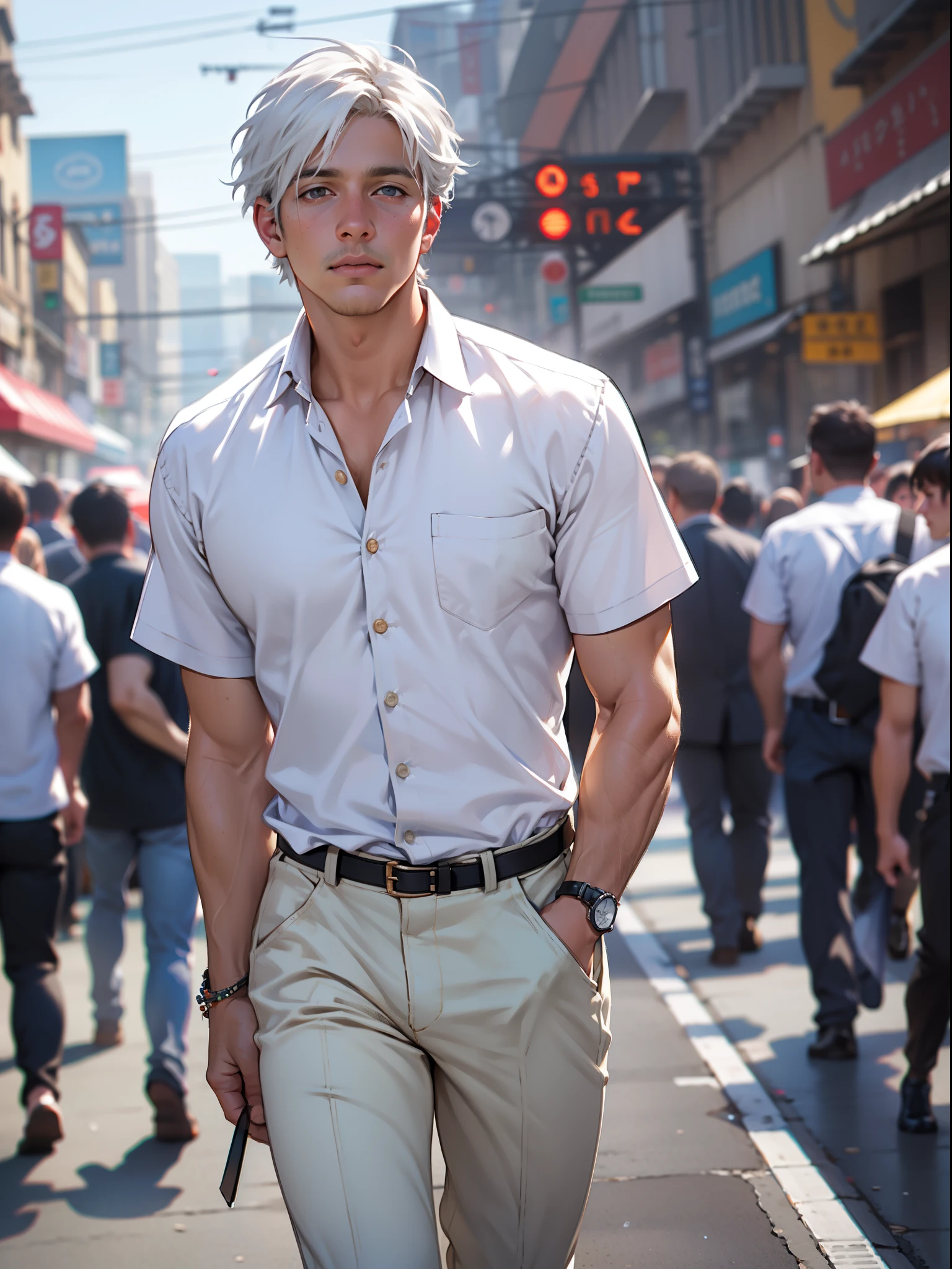((realistic: 1.5)),((best quality)), ((masterpiece)),((detailed)), man, white-haired, short, sideways, white shirt, pants, walking in crowd