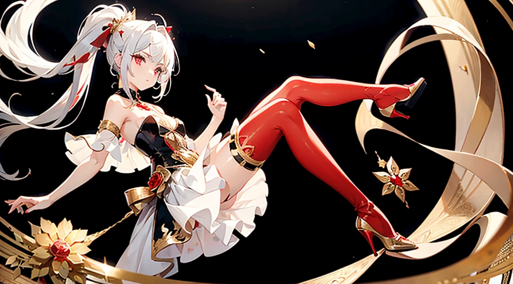 a girl, with a high pony tail and white hair with small red streaks in her hair with the bangs moved to the side, pretty red eyes with long lashes, wearing a flowy mostly white thigh length dress that shows her shoulders with red flowers, small tiny gold jewels on her dress, with as flowy white cape on the side of her dress, with a small fascinator with a gold and red flower, wearing cone heel shoes that are with with a red flower on the left heel, wearing a white see through thigh high on the right leg, blood red thigh belt with red jewels, see through white gloves, has a tattoo of a small star on her right shoulder.