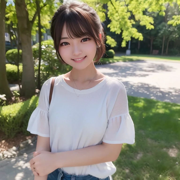 top-quality、softlight、超A high resolution、(Photorealsitic:1.4)、Raw photography、(portlate:1.4)、1 Japan Female、22year old、独奏、cute little、(A smile: 1.1)、(Brown-eyed)、detailed beautiful faces、(Shorthair)、a park
