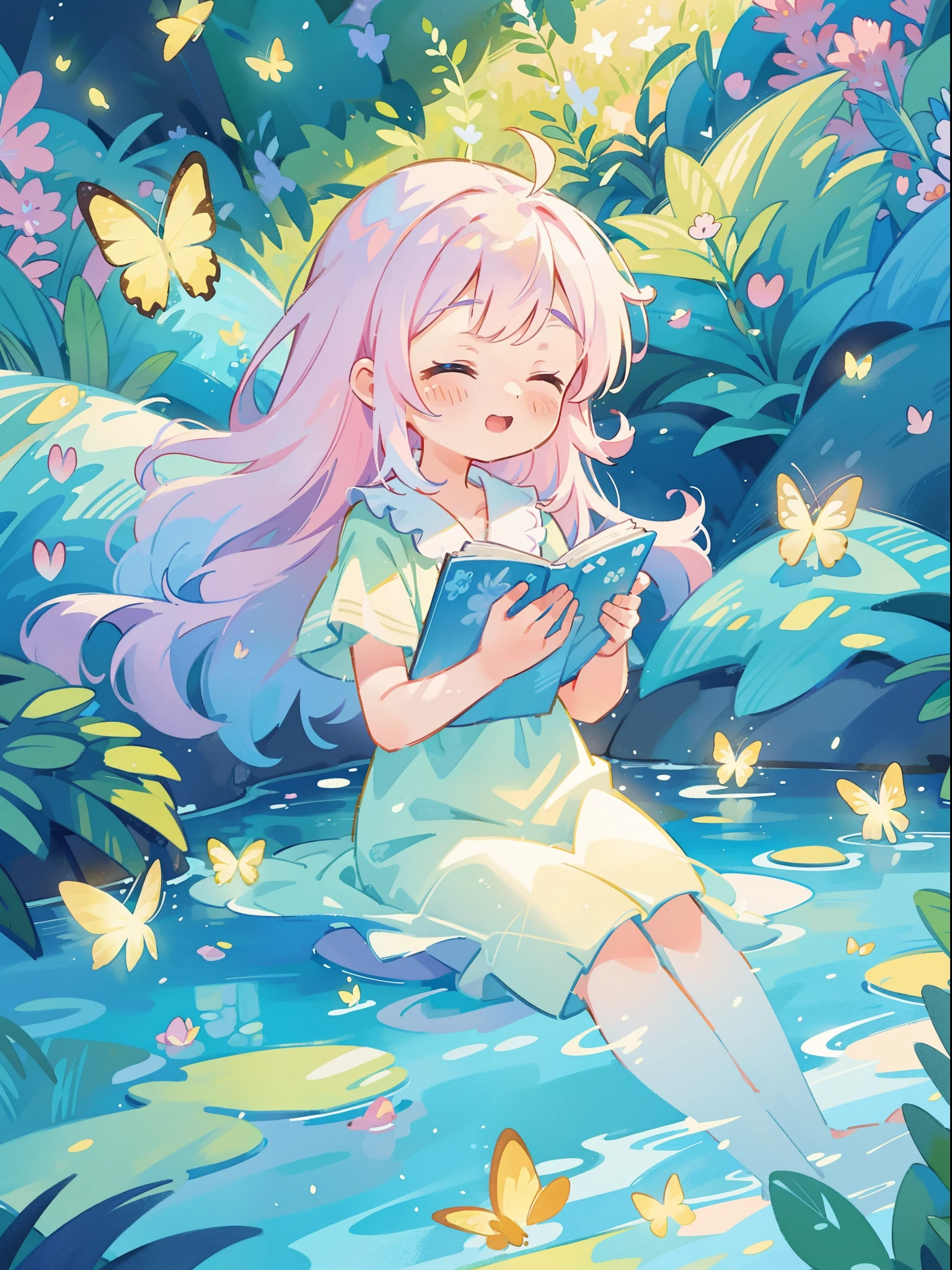 picture book illustration, watercolor storybook illustration, vibrant pastel colors, dreamy, colorful, whimsical, magical, masterpiece, best quality, sharp focus, intricately detailed environment, fine detail, 8k resolution, waterfall lagoon, (magical lagoon), (waterfall, lake), (beautiful  girl swimming in water), glowing lights, fireflies, glowing butterflies, glowing pixies