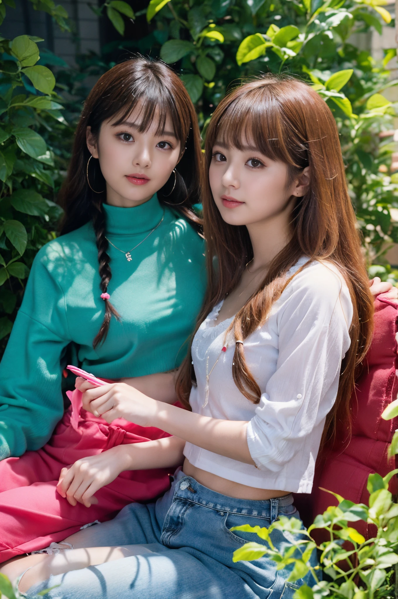 The proportions are the same for all races, All faces and pictures must be different,(ulzzang-6500-v1.3,pureeroface_v1,octane rendering),elegant pose,xxmix girl women, High level of image quality、Like a shot with an SLR、Super detailed illustration of two women, Duo,sisterhood ,sitted,Petting the,closeup portrait,hugs,strabismus:1.4,Depicting the eternal beauty and spirit of two women in 1990. they have a braided hairstyle as used to be in the 80's with lots of thin braids. They wore low-rise jeans and crop tops, 90s clothes. environment in the 1990s, Ms. Schiffer&#39;s work. _电影灯光_v2