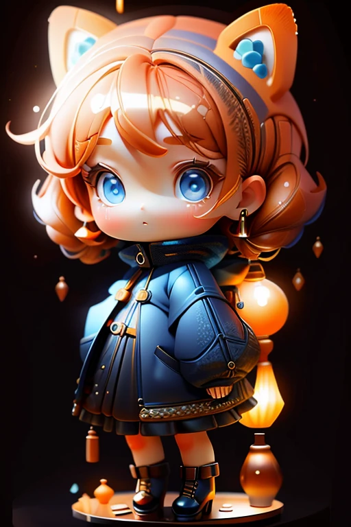 Plastic An 00D, 1girl in, Chibi, amber, , Medium Blue, luxury fabrics, dithering, Far-reaching,Looking at Viewer