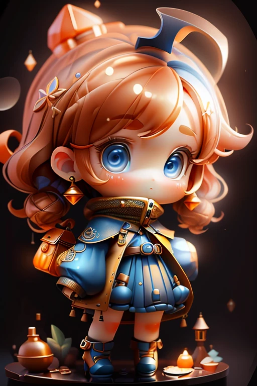 Plastic An 00D, 1girl in, Chibi, amber, , Medium Blue, luxury fabrics, dithering, Far-reaching,Looking at Viewer