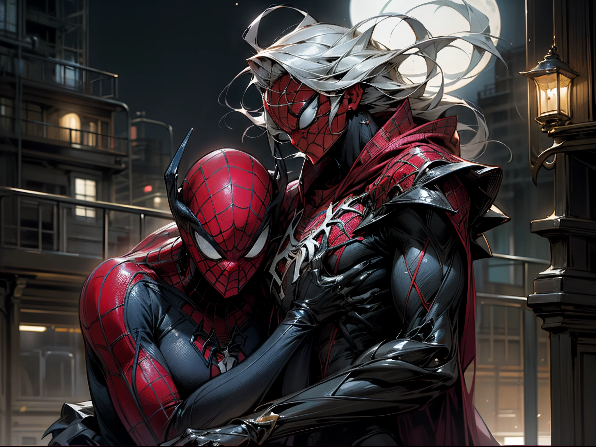 Make me a picture: painel quadrinhos manhwa marvel spiderman, cabelo preto longo com mecha roxa do lado e olhos verdes com uniforme spiderman preto e roxo, piercing na orelha, full bust and silver earrings on top of a building in a bustling city under the moonlight