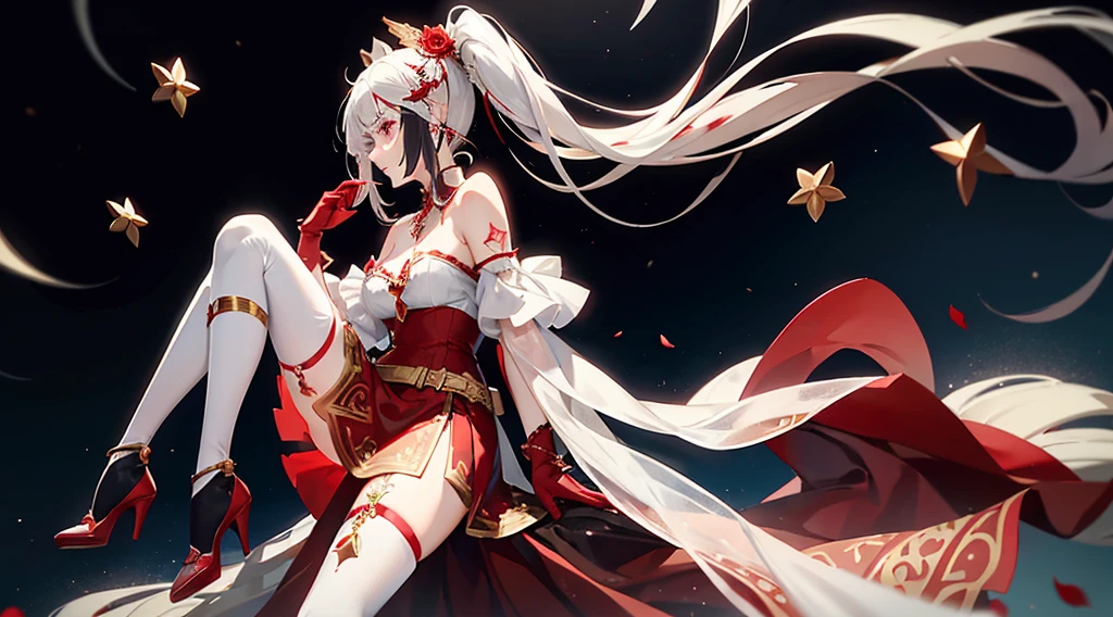 a girl, with a high pony tail and white hair with small red streaks in her hair with the bangs moved to the side, pretty red eyes with long lashes, wearing a flowy mostly white thigh length dress that shows her shoulders with red flowers, small tiny gold jewels on her dress, with as flowy white cape on the side of her dress, with a small fascinator with a gold and red flower, wearing cone heel shoes that are with with a red flower on the left heel, wearing a white see through thigh high on the right leg, blood red thigh belt with red jewels, see through white gloves, has a tattoo of a small star on her right shoulder.