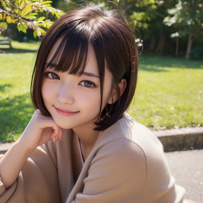 top-quality、softlight、超A high resolution、(Photorealsitic:1.4)、Raw photography、(portlate:1.4)、1 Japan Female、22year old、独奏、cute little、(A smile: 1.1)、(Brown-eyed)、detailed beautiful faces、(Shorthair)、a park、autumnal