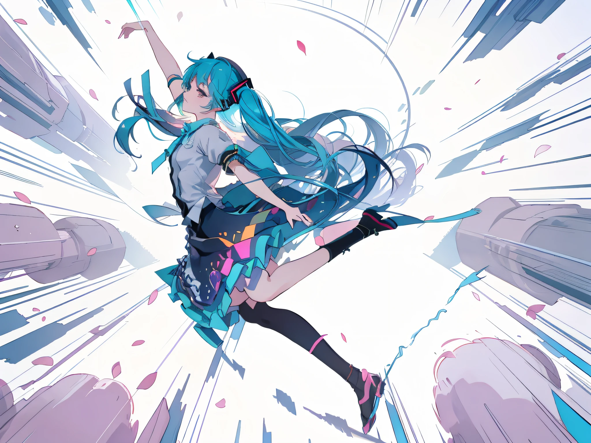 A Hatsune Miku dressed as ****ta，Picture of flying with a bow, running pose, the anime girl is running, jumping posture, dynamic pose perspective, anime pose,posture gesture, dynamic perspective pose, Dynamic Action Pose, full bodyesbian!!Dynamic Action Pose， Anime keyframes， Dynamic poses and perspectives， dynamic extreme shortening， key frame diagram， pixiv pixiv， Digital art on Pixiv， Pixiv style， zerochan art， sakura petals around her，Blue sky in background， pixiv contest winner， great light and shadows，Great light and shadow，White light and shadow，Front side light，pixiv gurvitz， anime moe art style