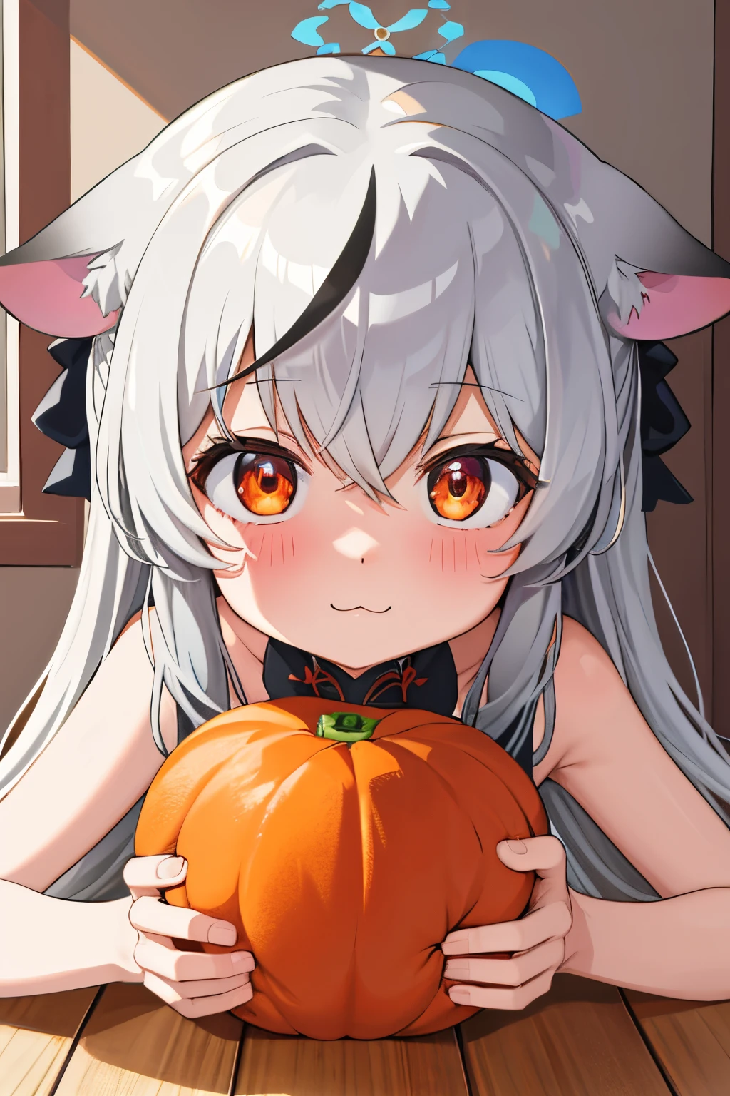 masterpiece, best quality, ultra-detailed, 1girl, kokona, indoors, orange eyes, :3,face, close-up