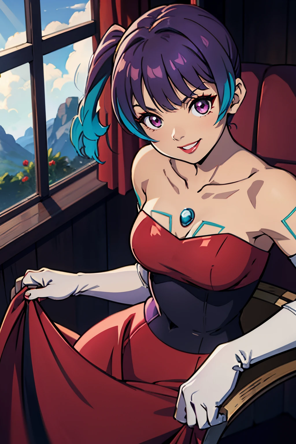 sena \(xenoblade\), red, dress, strapless dress, long white elbow gloves, smile, red lipstick,light dark purple eye shadow, makeup