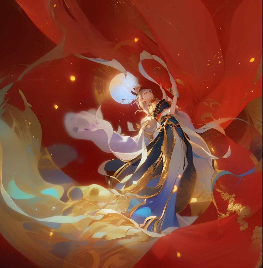 a woman in a skirt, A beautiful artistic illustration, Japanese anime fantasy illustration, A halo of magic surrounds her, flowing hair and long robes,（ The background is Dunhuang red gold foil background），under woman&#39;Feet are auspicious clouds in ancient China，The woman seems to be flying）（dunhuang，flight，mountain water，Rock painting）Beautiful dancers in ancient China，delicated lines，Gorgeous costumes of ancient China，delicate and vivid，，Willow eyebrows，Personality portrayal，Clouds，aquarelle，Ink painting and watercolor，Gentle eyes，Detailed color matching，Delicate clothing patterns，author：Gu Kaizhi，Professional fixation，in pastel shades，sharp and clear focus，Film photography，in a panoramic view，32K-ar 3:4 -q 2 -s 550 -niji 5