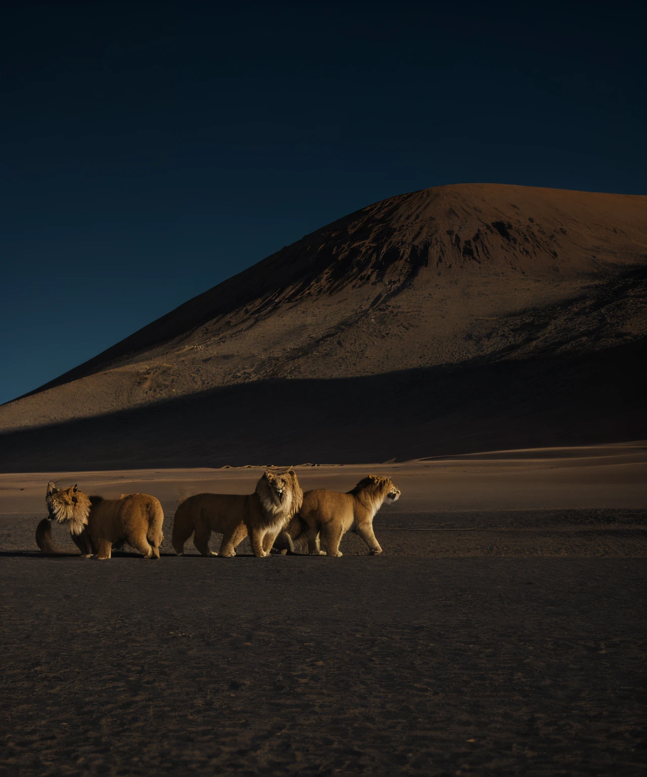 Three lions roaring with their mouths open, corajoso, menacingly, Indo, epics, HDR, hiperdetalhado, cinemactic, cores suaves, BG nebuloso, corpo inteiro, andando no deserto