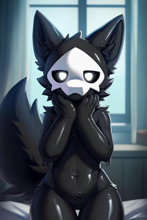 by chano, by cheesefries, by sanu, puro, (solo, solo focus, pov, first person view), anthro, male, slime boy, goo creature, black body, black fur, monotone fur, monotone body, white mask, black sclera, white eyes, black slime, glistening body, wolf ears, wolf tail, (huge fluffy tail), snout, thin, girly, femboy, bottom heavy, wide hips, thick thighs, (nude), seductive, fluffy fur, fluffy tail, fluffy, standing, facing viewer, looking at viewer, yandere, (hands on face, yandere trance:1), warm lighting, soft lighting, vignette, romantic ambiance, ((aura, glowing outline)), ((<3))