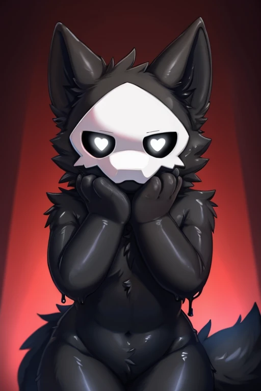 by chano, by cheesefries, by sanu, puro, (solo, solo focus, pov, first person view), anthro, male, slime boy, goo creature, black body, black fur, monotone fur, monotone body, white mask, black sclera, white eyes, black slime, glistening body, wolf ears, wolf tail, (huge fluffy tail), snout, thin, girly, femboy, bottom heavy, wide hips, thick thighs, (nude), seductive, fluffy fur, fluffy tail, fluffy, standing, facing viewer, looking at viewer, yandere, (hands on face, yandere trance:1), warm lighting, soft lighting, vignette, romantic ambiance, ((aura, glowing outline)), ((<3))