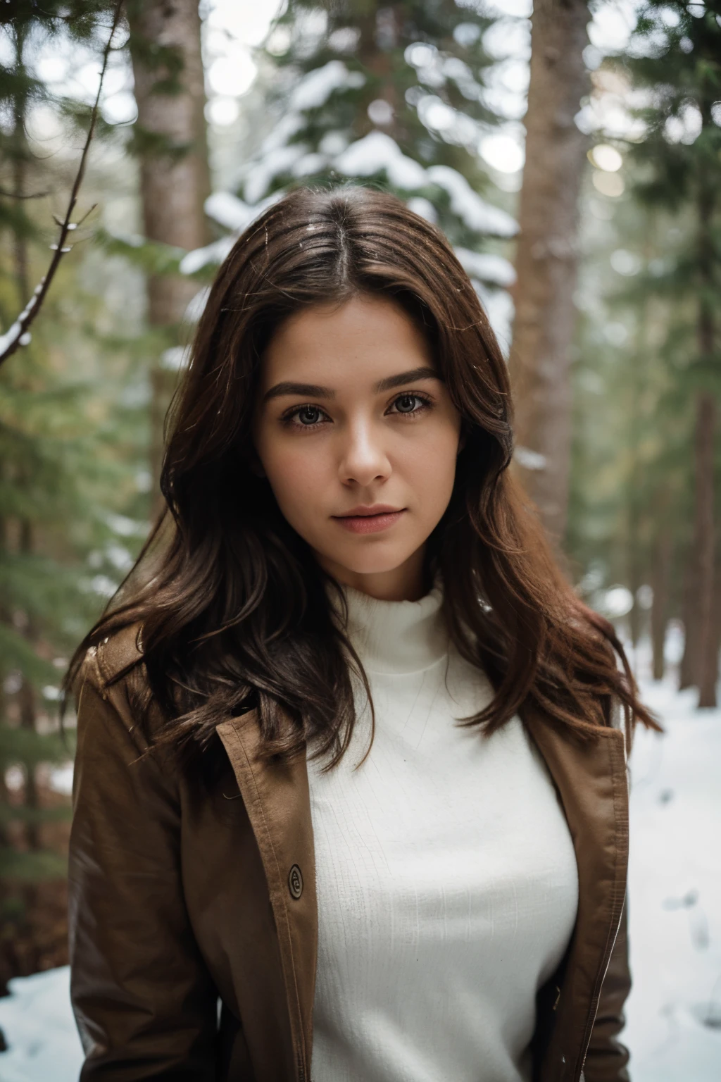 Arms on the sides, portrait, Closeup, look at camera, the best quality, Haut du corps, manteau d'hiver, Woman in the forest, winter, EricaCampbell, Nikon D850 Film Stock Photographie 4 Kodak 400 Appareil photo F1.6 colors rich lenses realistic texture realistic texture natural lighting trending on ArtStation Cinestill 800, (objectif 100 mm), Cheveux longs