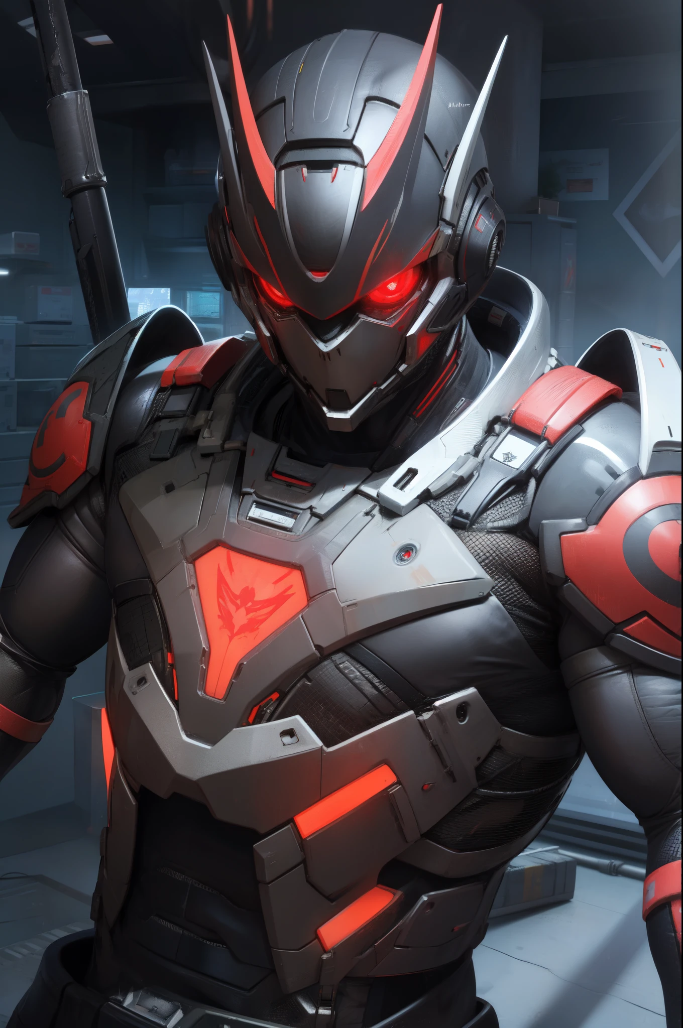 cyberpunk, android, red and black bodyarmor, red and black bodysuit, red eyes, cybernetic suit, high quality,