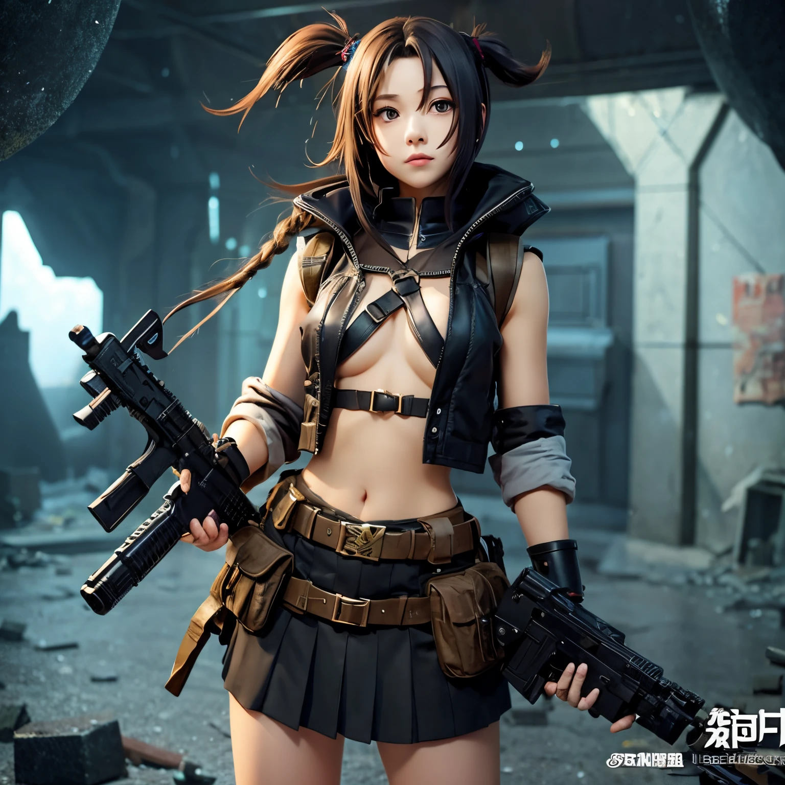 girl with、A devastated world、Weapons larger than the body、Smaller chest、Black coat、