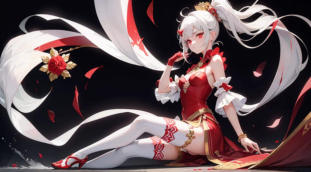 a girl, with a high pony tail and white hair with small red streaks in her hair with the bangs moved to the side, pretty red eyes with long lashes, wearing a flowy mostly white thigh length dress that shows her shoulders with red flowers, small tiny gold jewels on her dress, with as flowy white cape on the side of her dress, with a small fascinator with a gold and red flower, wearing cone heel shoes that are with with a red flower on the left heel, wearing a white see through thigh high on the right leg, blood red thigh belt with red jewels, see through white gloves, has a tattoo of a small star on her right shoulder.