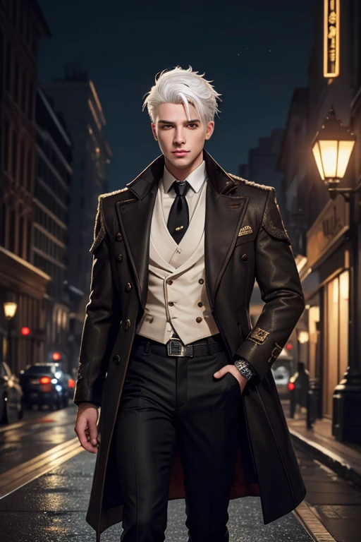 1boy, white hair, golden eyes, sixpack, wears black pants and brown coat, nightime background, ((masterpiece, best quality)), illustration, ultra detailed 8k, photorealistic, sharp focus, highly detailed, professional lighting, colorful details,
