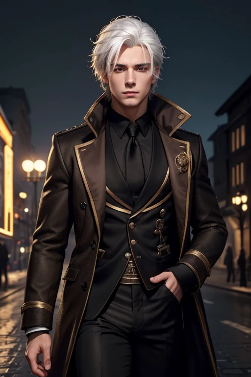 1boy, white hair, golden eyes, sixpack, wears black pants and brown coat, nightime background, ((masterpiece, best quality)), illustration, ultra detailed 8k, photorealistic, sharp focus, highly detailed, professional lighting, colorful details,