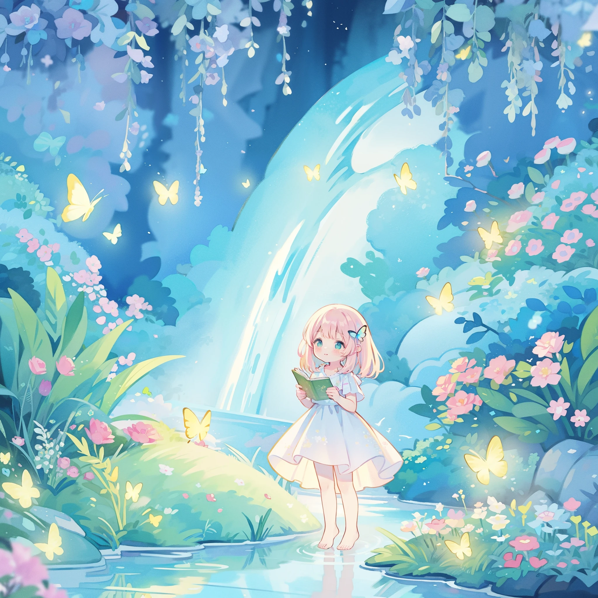 picture book illustration, watercolor storybook illustration, vibrant pastel colors, dreamy, colorful, whimsical, magical, masterpiece, best quality, sharp focus, intricately detailed environment, fine detail, 8k resolution, waterfall lagoon, (magical lagoon), (waterfall, lake), glowing lights, fireflies, glowing butterflies, fairy creatures, glowing fairies