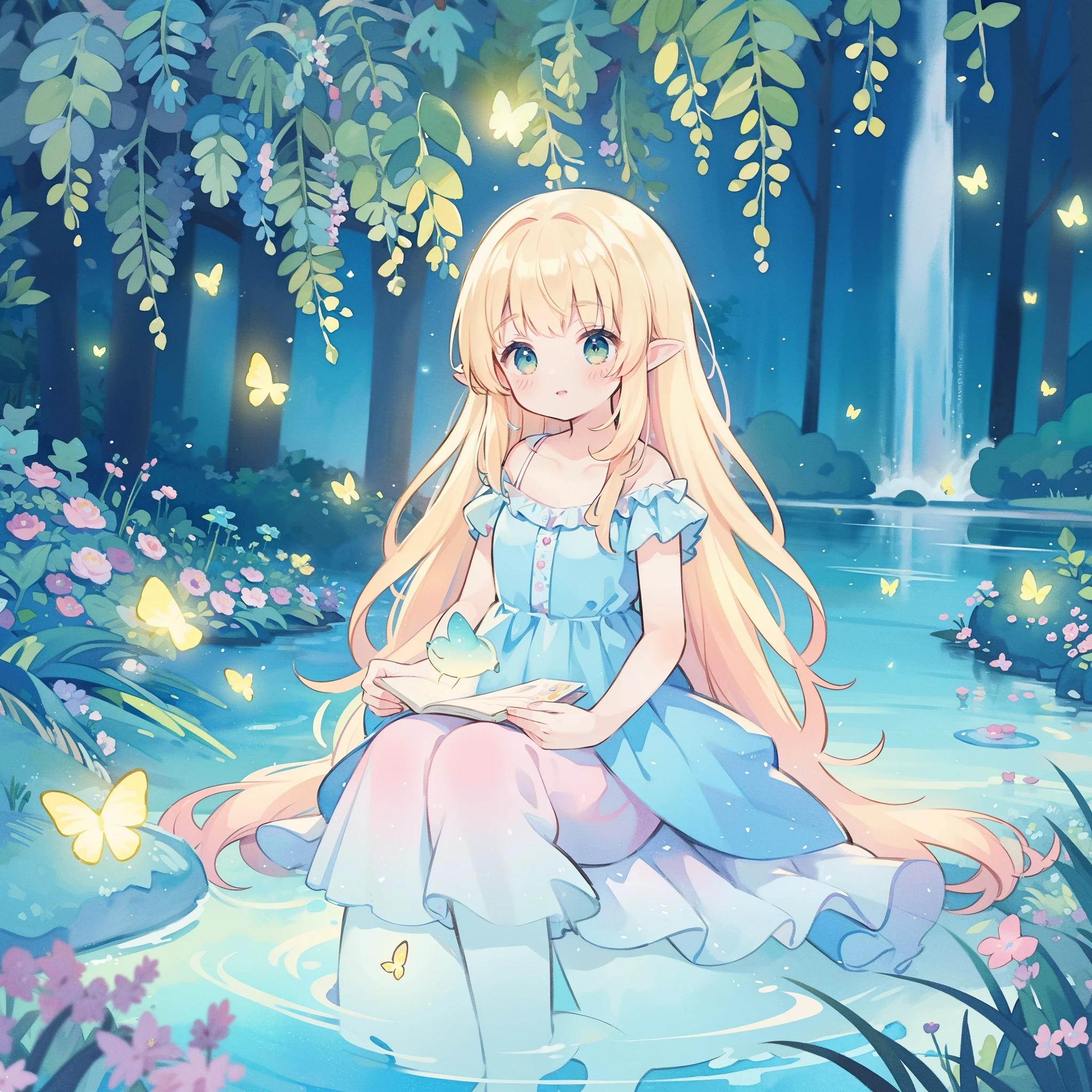 picture book illustration, watercolor storybook illustration, vibrant pastel colors, dreamy, colorful, whimsical, magical, masterpiece, best quality, sharp focus, intricately detailed environment, fine detail, 8k resolution, waterfall lagoon, (magical lagoon), (waterfall, lake), glowing lights, fireflies, glowing butterflies, fairy creatures, glowing fairies