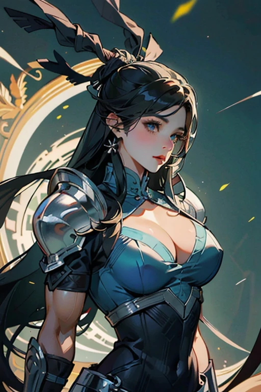 close up shot of a woman in a silver and blue dress, silver armor, large breasts, cleavage, chengwei pan on artstation, by Yang J, detailed fantasy art, stunning character art, muscular body